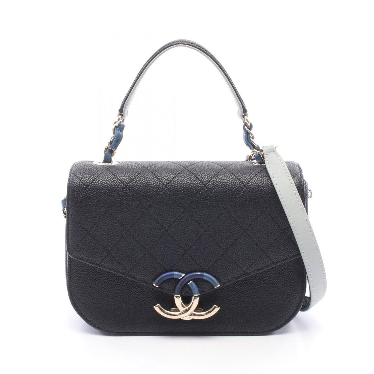 Chanel Shoulder Bag Quilted Half Coco Black Caviar Leather 2-Way Chain