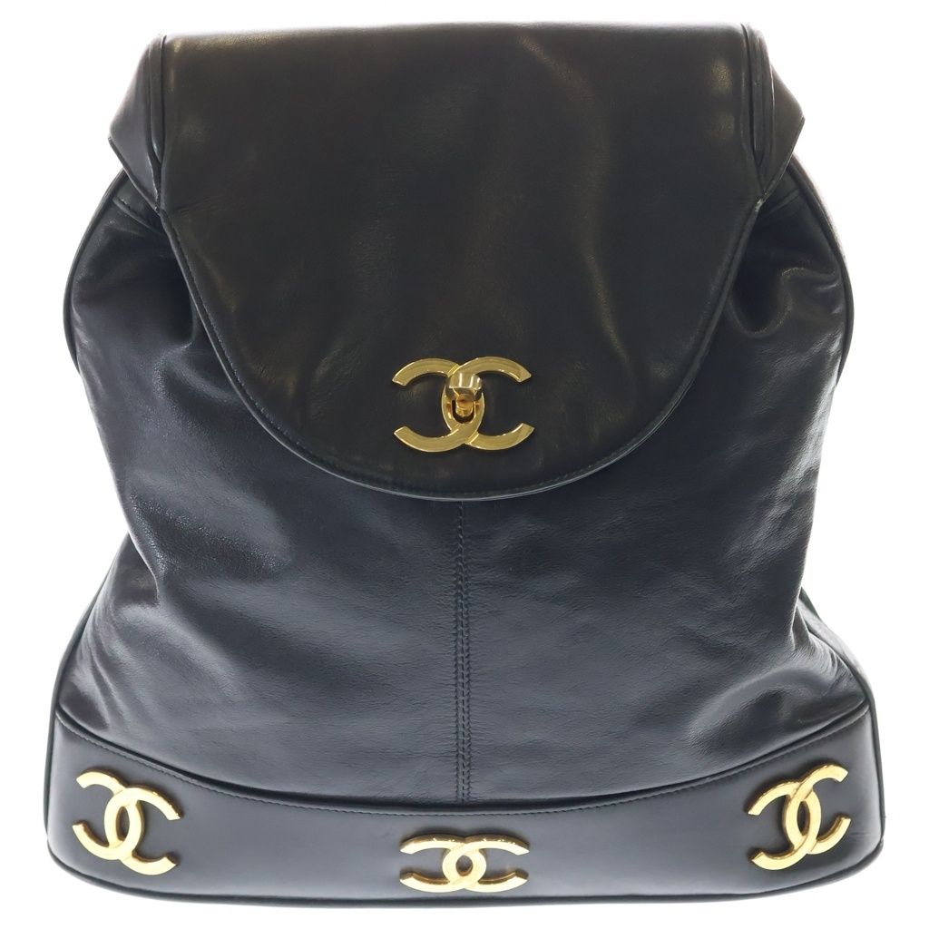 Chanel Vintage Triple CC Logo GD Backpack Black Gold