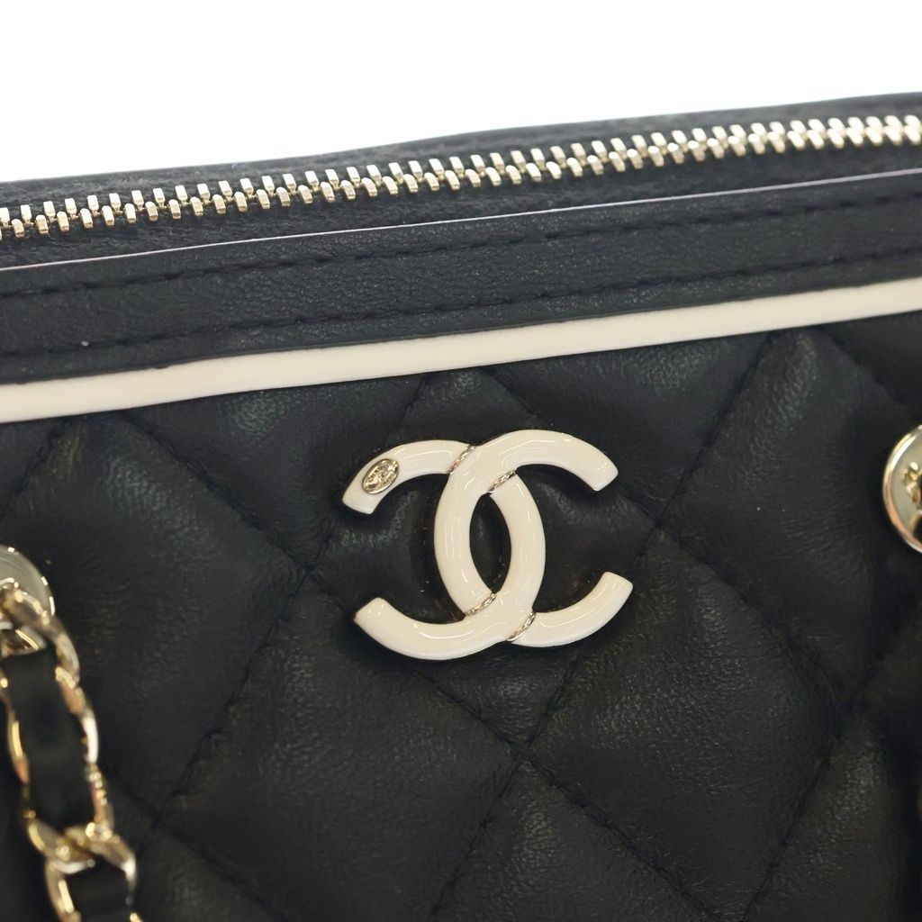 Chanel Quilted Boston Shoulder Bag Chain Black White Lambskin Gold — view 6