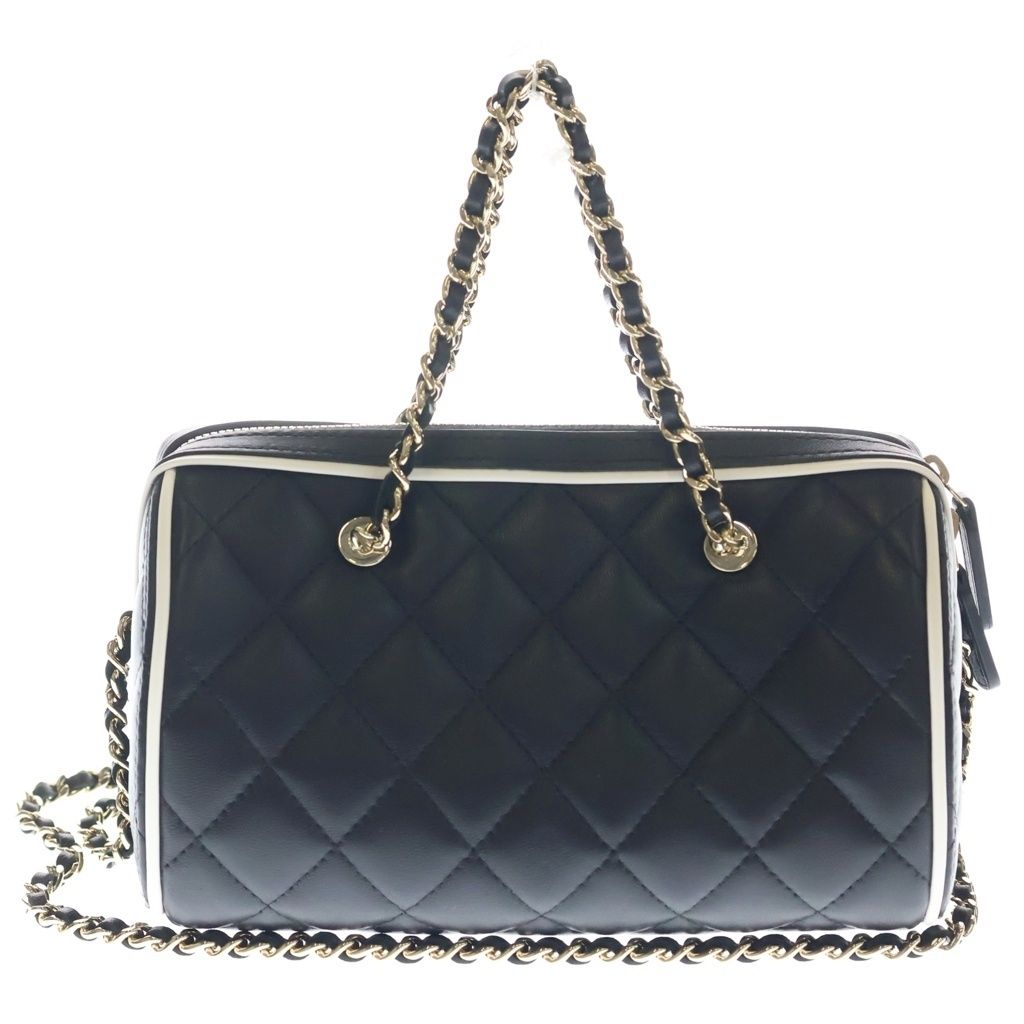 Chanel Quilted Boston Shoulder Bag Chain Black White Lambskin Gold — view 2