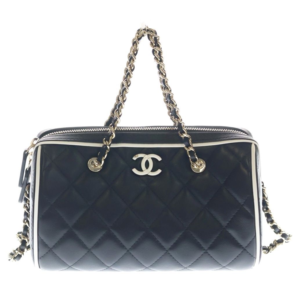 Chanel Quilted Boston Shoulder Bag Chain Black White Lambskin Gold