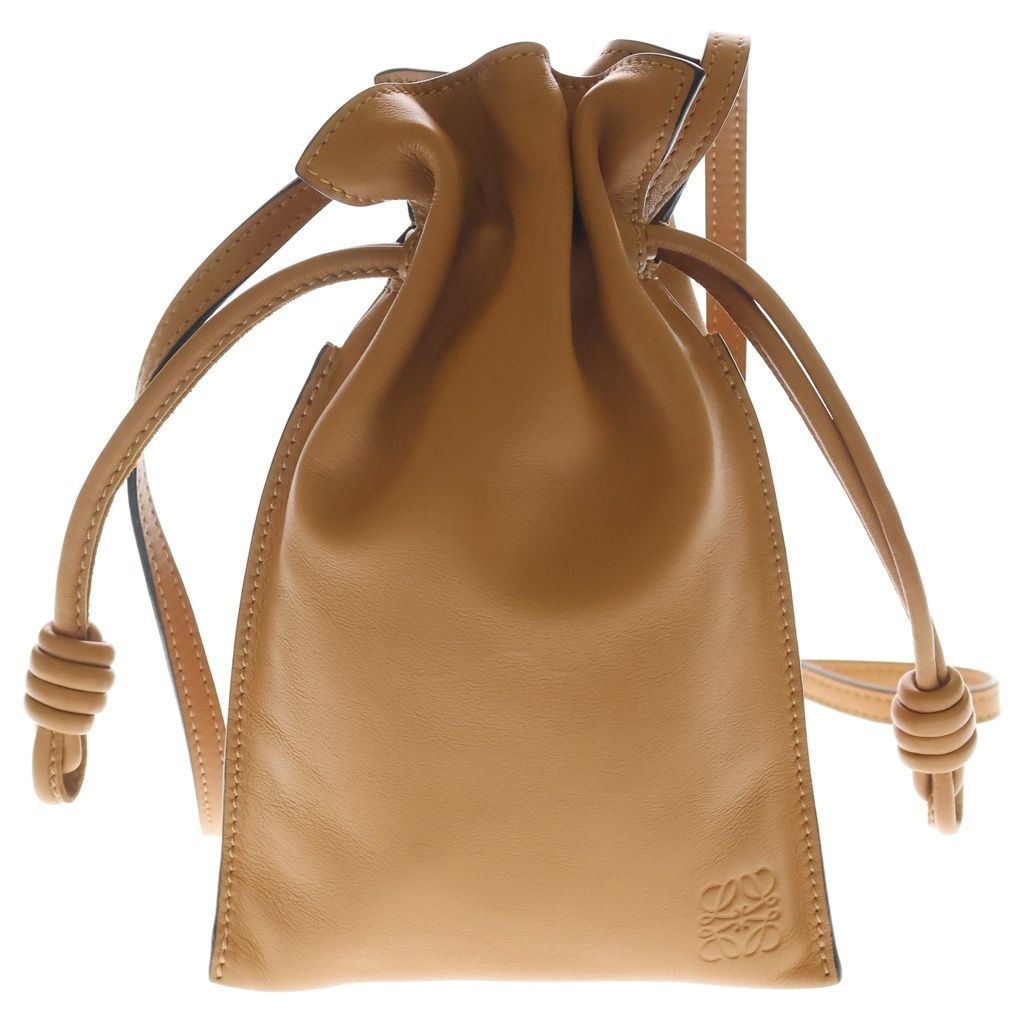 Loewe Flamenco Pocket Leather Logo Embossed Drawstring Bag Brown