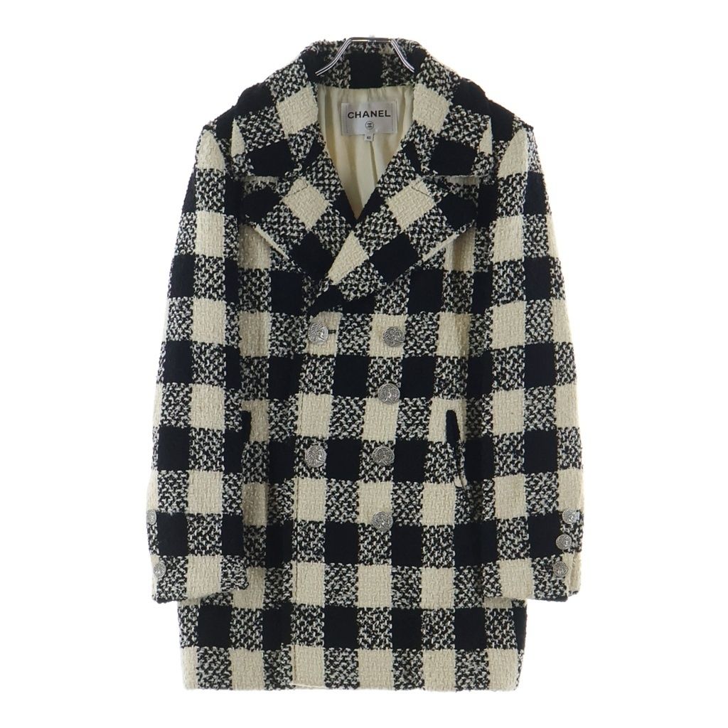 Chanel Tweed Block Check Double Coat White Black