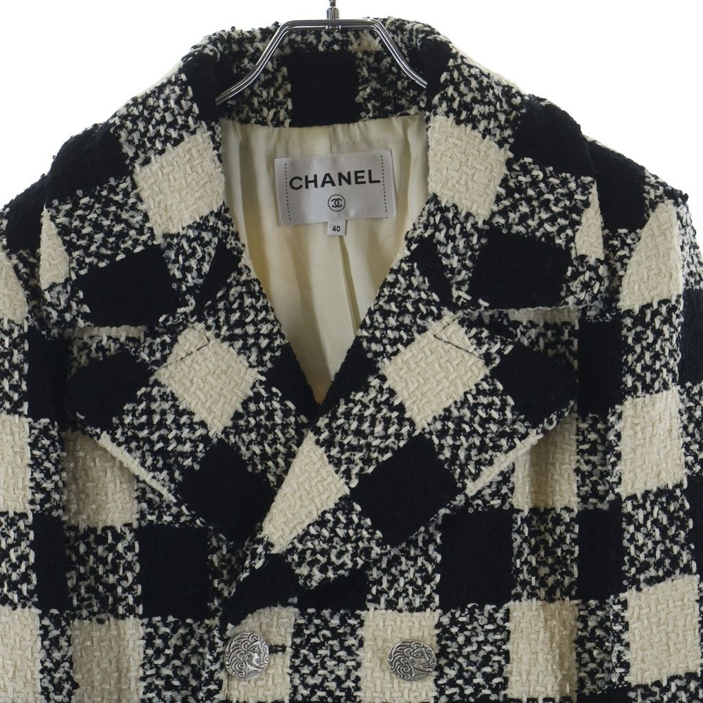 Chanel Tweed Block Check Double Coat White Black — view 3