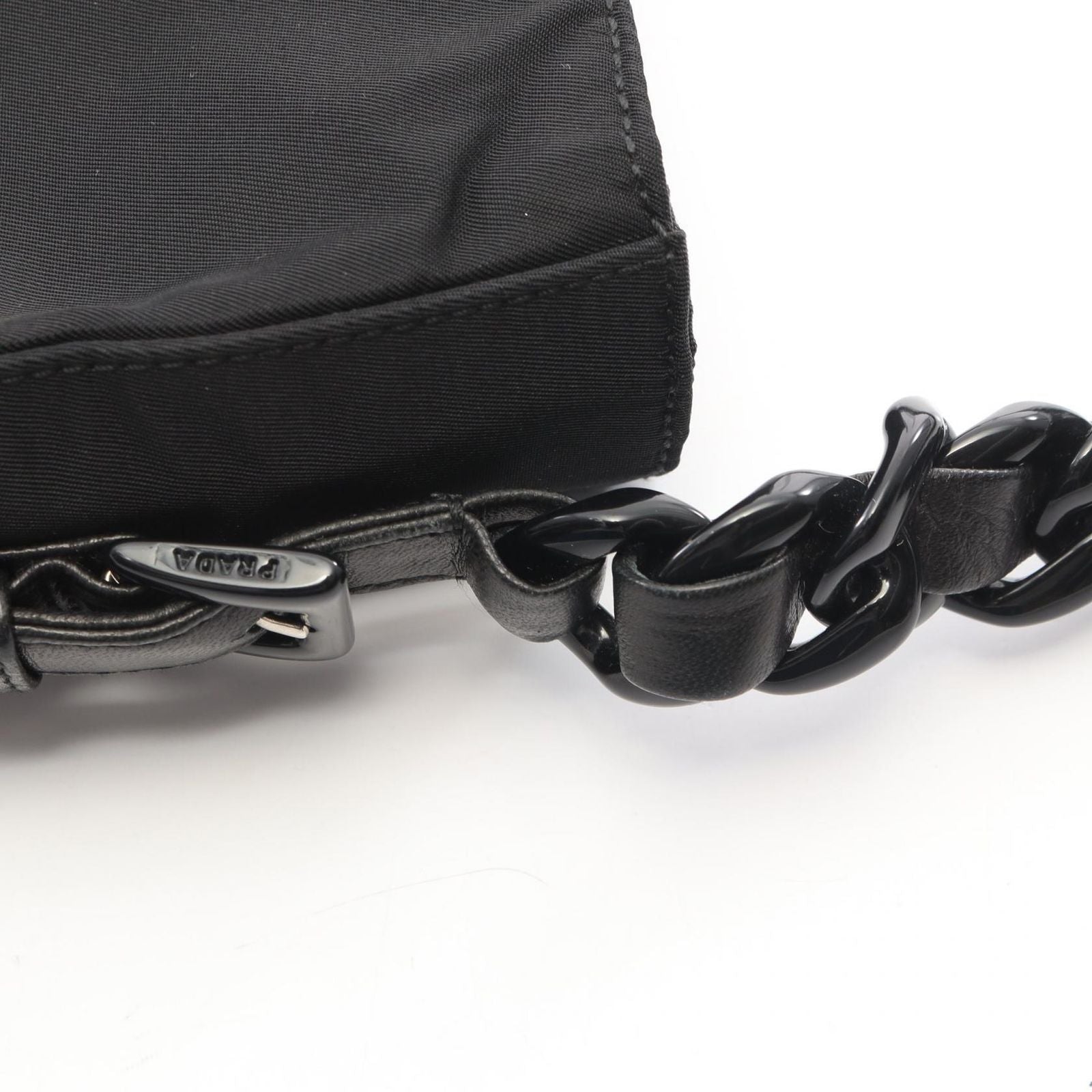Prada Shoulder Bag Tessuto Bacheli Black Nylon Leather Triangle Logo Chain — view 6