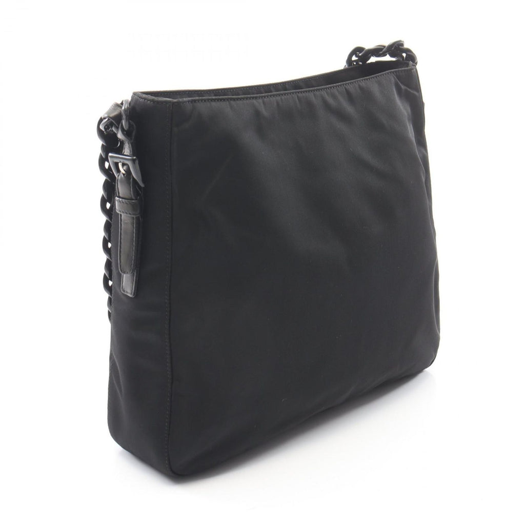 Prada Shoulder Bag Tessuto Bacheli Black Nylon Leather Triangle Logo Chain — view 2