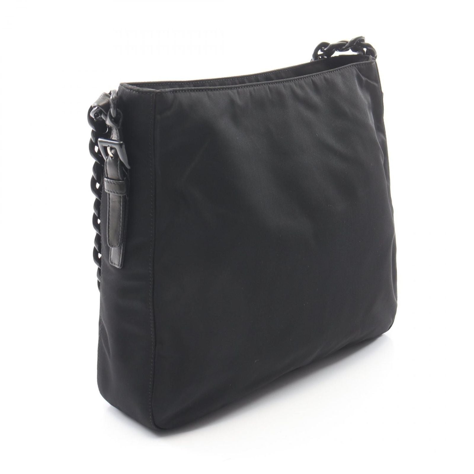 Prada Shoulder Bag Tessuto Bacheli Black Nylon Leather Triangle Logo Chain — view 2