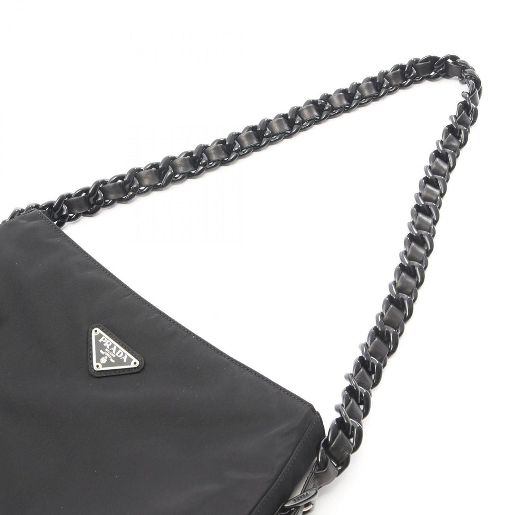 Prada Shoulder Bag Tessuto Bacheli Black Nylon Leather Triangle Logo Chain — view 8