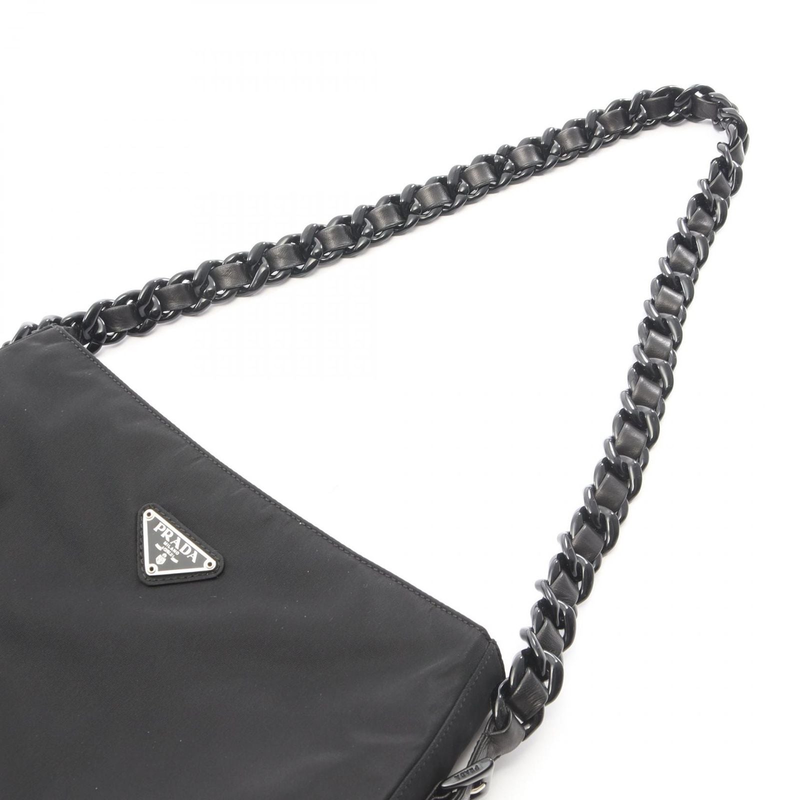 Prada Shoulder Bag Tessuto Bacheli Black Nylon Leather Triangle Logo Chain — view 8