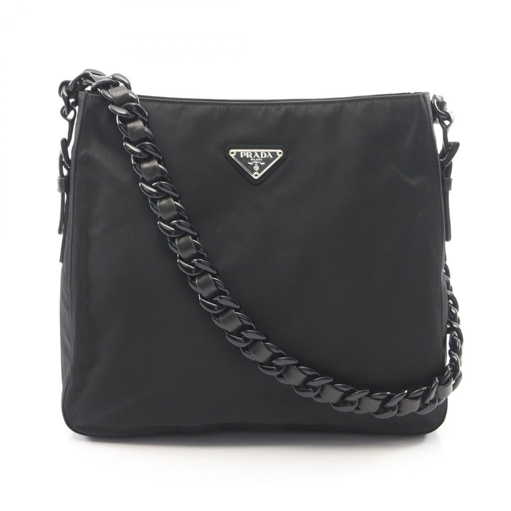 Prada Shoulder Bag Tessuto Bacheli Black Nylon Leather Triangle Logo Chain