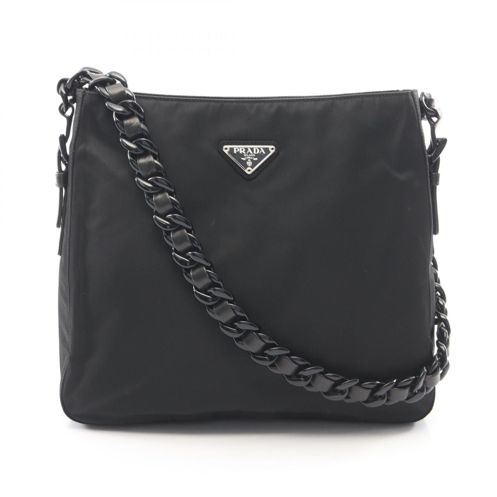 Prada Shoulder Bag Tessuto Bacheli Black Nylon Leather Triangle Logo Chain