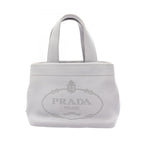 Prada Tote Vitello Daino Blue Gray Leather Perforated Logo Handbag