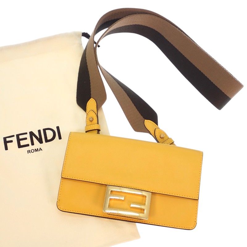 Fendi Flat Baguette Mini Shoulder Bag Leather Yellow Gold Included