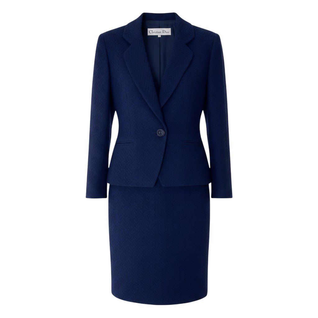 Dior Set Skirt Suit Herringbone Pattern 11 Navy Wool