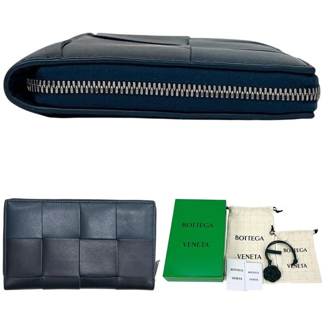 Bottega Veneta Zip Around Wallet Zip Navy Blue Cassette with Leather Charm IC — view 2