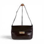 Prada Mirror Calf Leather Shoulder Bag Hobo Dark Brown Cobra Buckle Silver