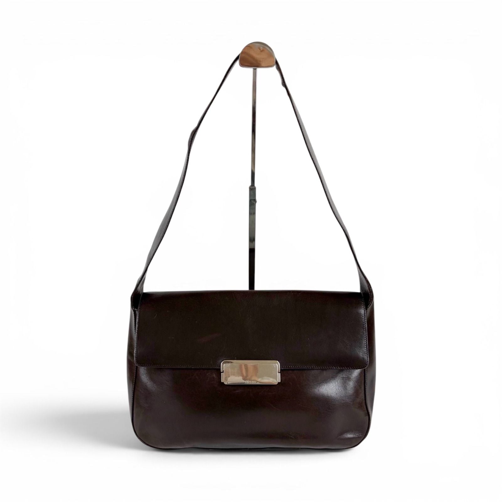 Prada Mirror Calf Leather Shoulder Bag Hobo Dark Brown Cobra Buckle Silver