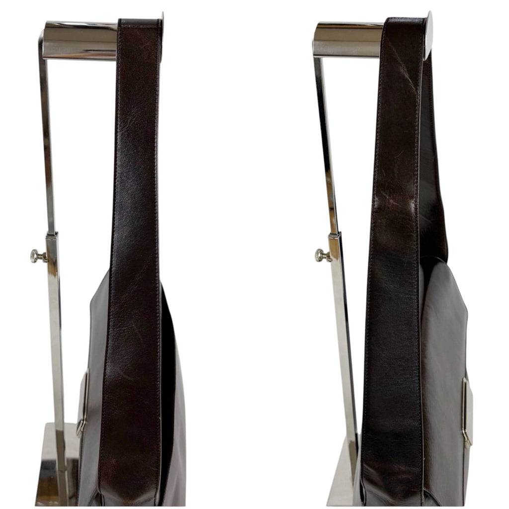 Prada Mirror Calf Leather Shoulder Bag Hobo Dark Brown Cobra Buckle Silver — view 7