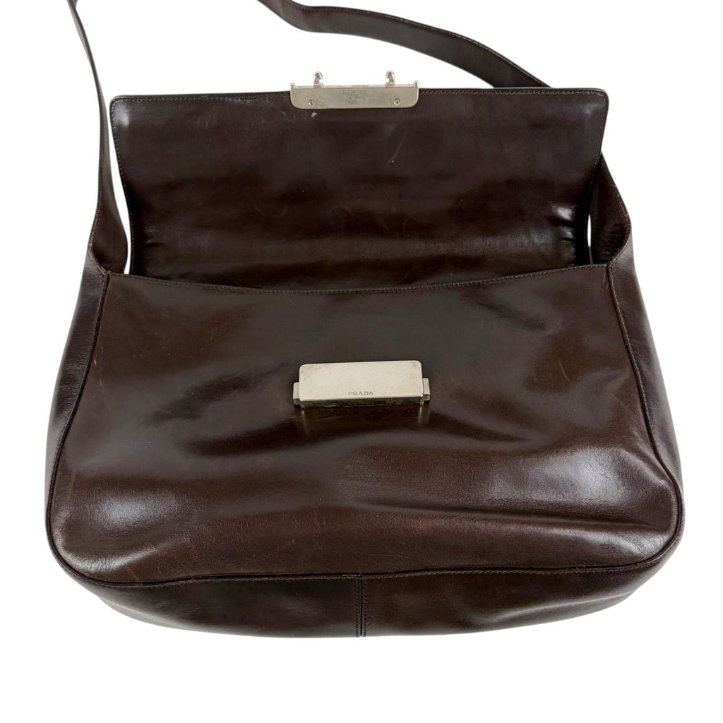 Prada Mirror Calf Leather Shoulder Bag Hobo Dark Brown Cobra Buckle Silver — view 3