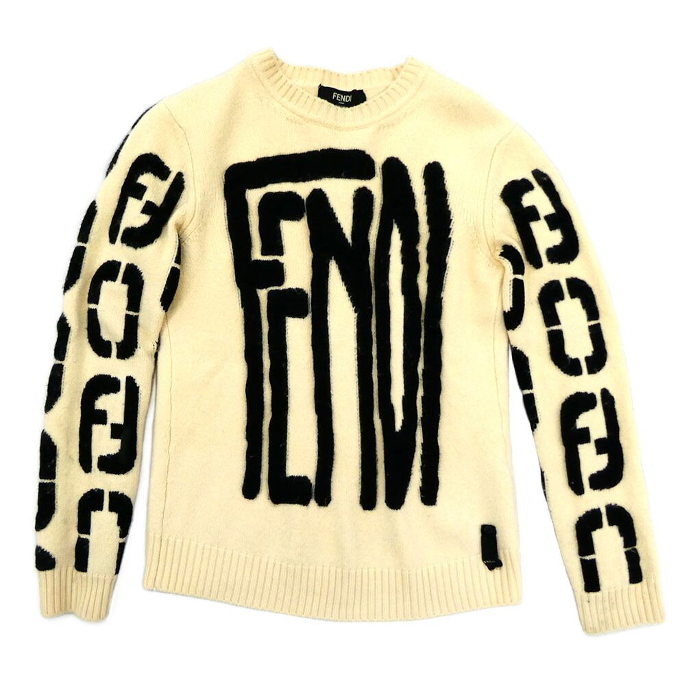Fendi Big Logo Crew Neck Sweater Ivory Black 48 Wool Knit