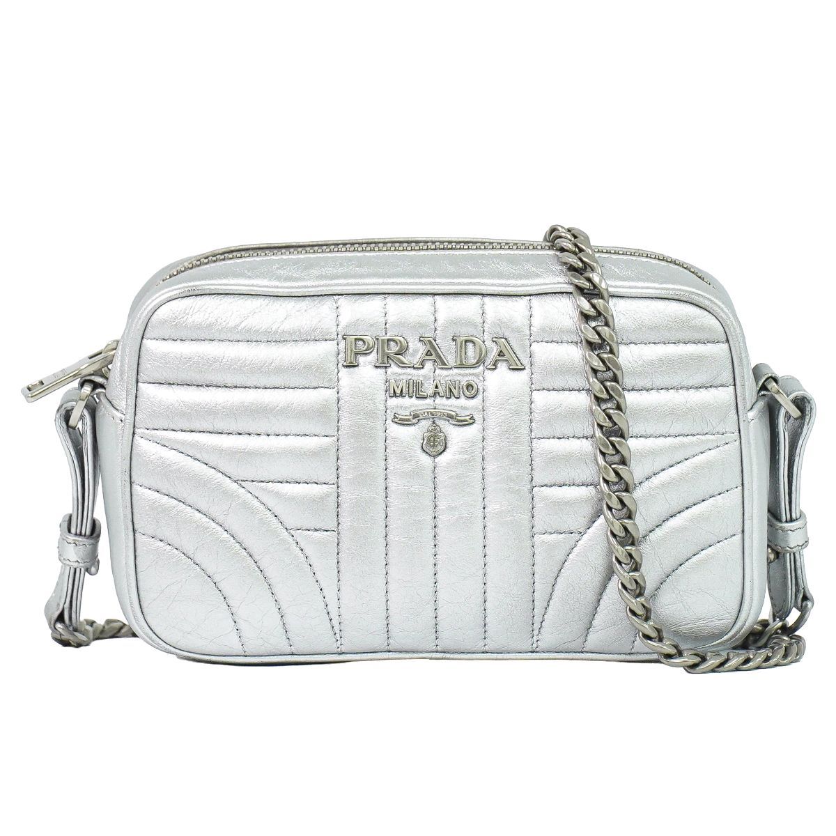 Prada Diagram Chain Shoulder Bag Pochette Leather Silver Diagramme