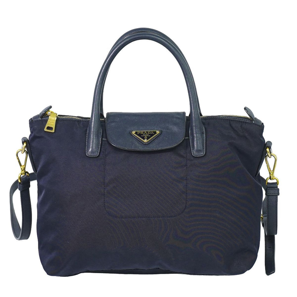 Prada Nylon Leather 2-Way Shoulder Bag Tote Navy
