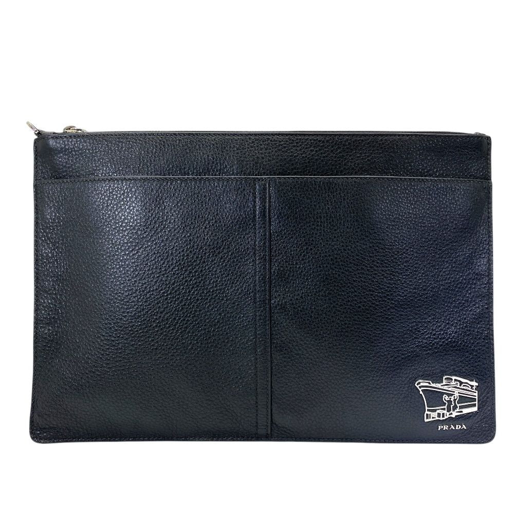 Prada Clutch Document Case Logo Ship Leather Black Business