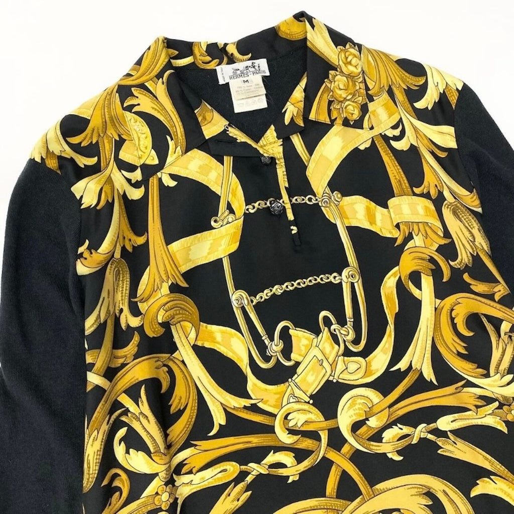 Hermes Vintage Silk Contrast Knit Polo Shirt Long Sleeve Scarf Pattern — view 3