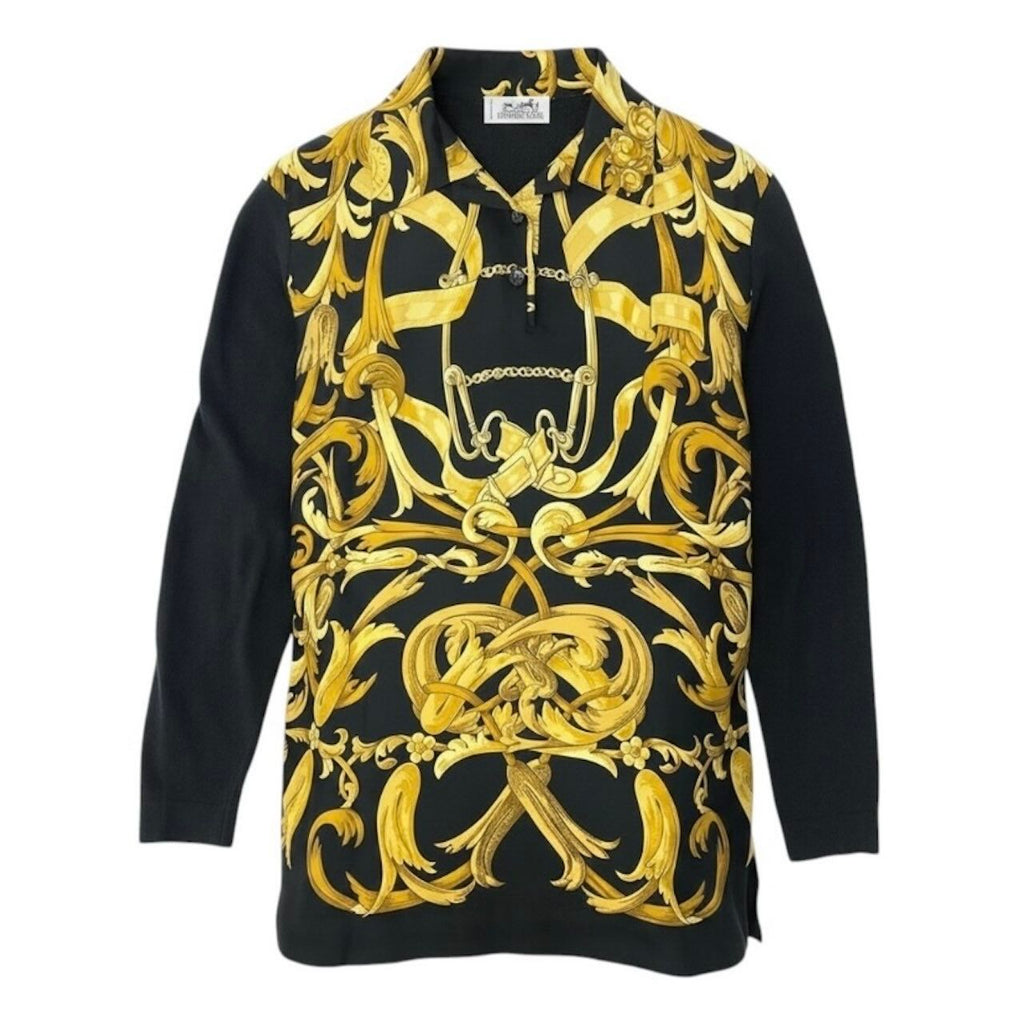 Hermes Vintage Silk Contrast Knit Polo Shirt Long Sleeve Scarf Pattern