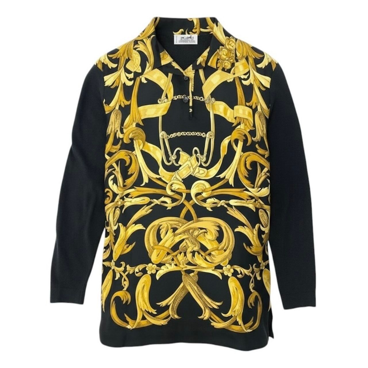 Hermes Vintage Silk Contrast Knit Polo Shirt Long Sleeve Scarf Pattern