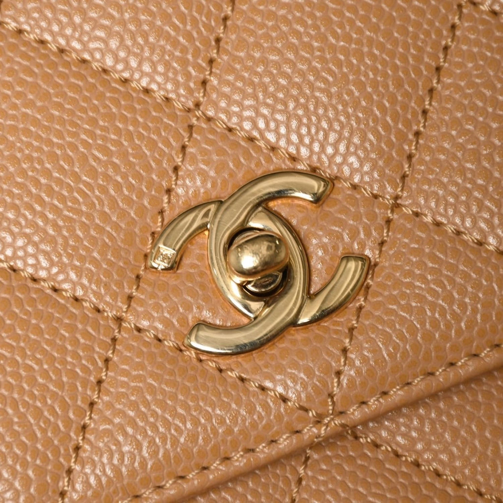 Chanel Top Handle Bag Handbag CC Logo Quilted Caviar Leather Beige Gold — view 8