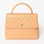 Chanel Top Handle Bag Handbag CC Logo Quilted Caviar Leather Beige Gold
