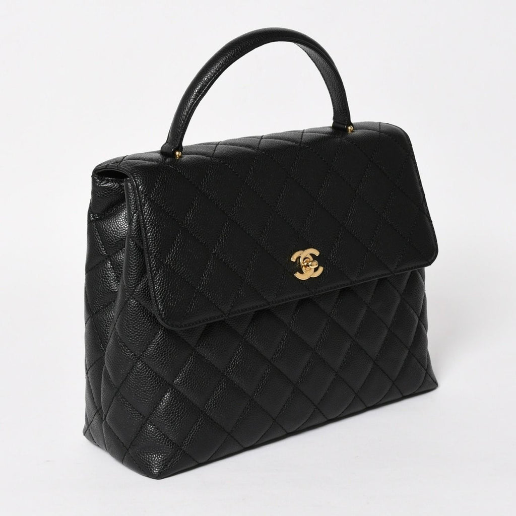 Chanel Quilted CC Logo CC Handbag Top Handle Turnlock Caviar Leather Black Gold — view 3