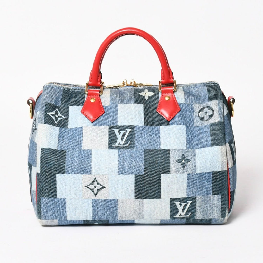 Louis Vuitton Speedy 30 Monogram Denim Square Patchwork Blue Red Gold Handbag — view 2