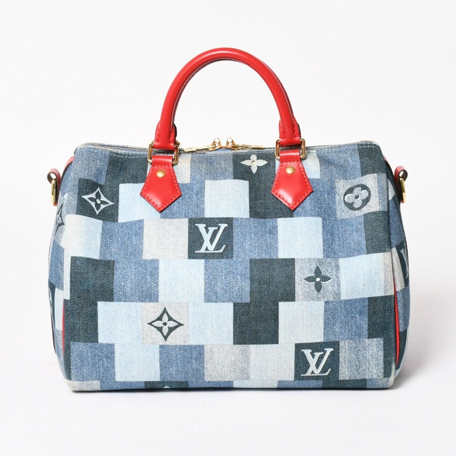 Louis Vuitton Speedy 30 Monogram Denim Square Patchwork Blue Red Gold Handbag — view 2