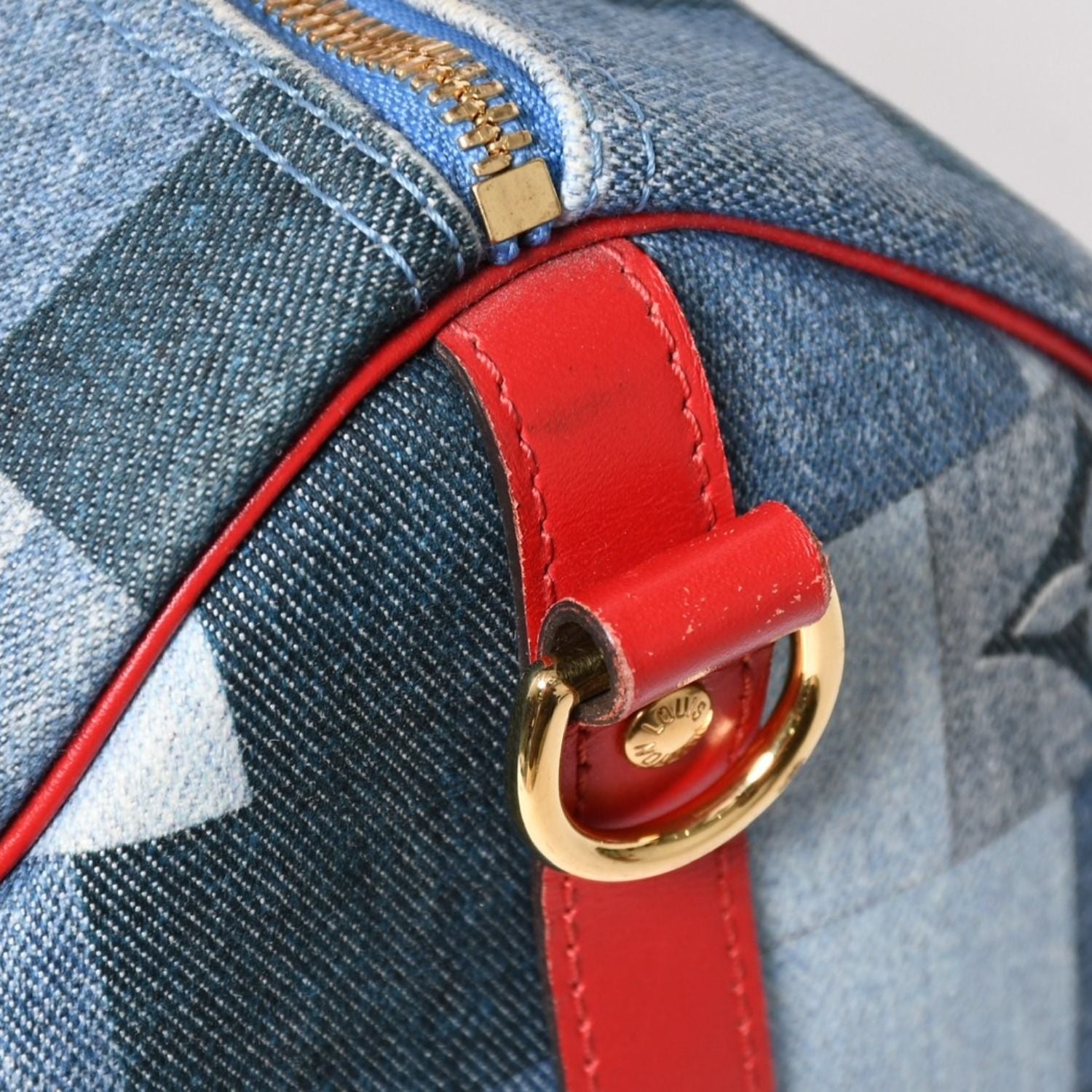 Louis Vuitton Speedy 30 Monogram Denim Square Patchwork Blue Red Gold Handbag — view 6