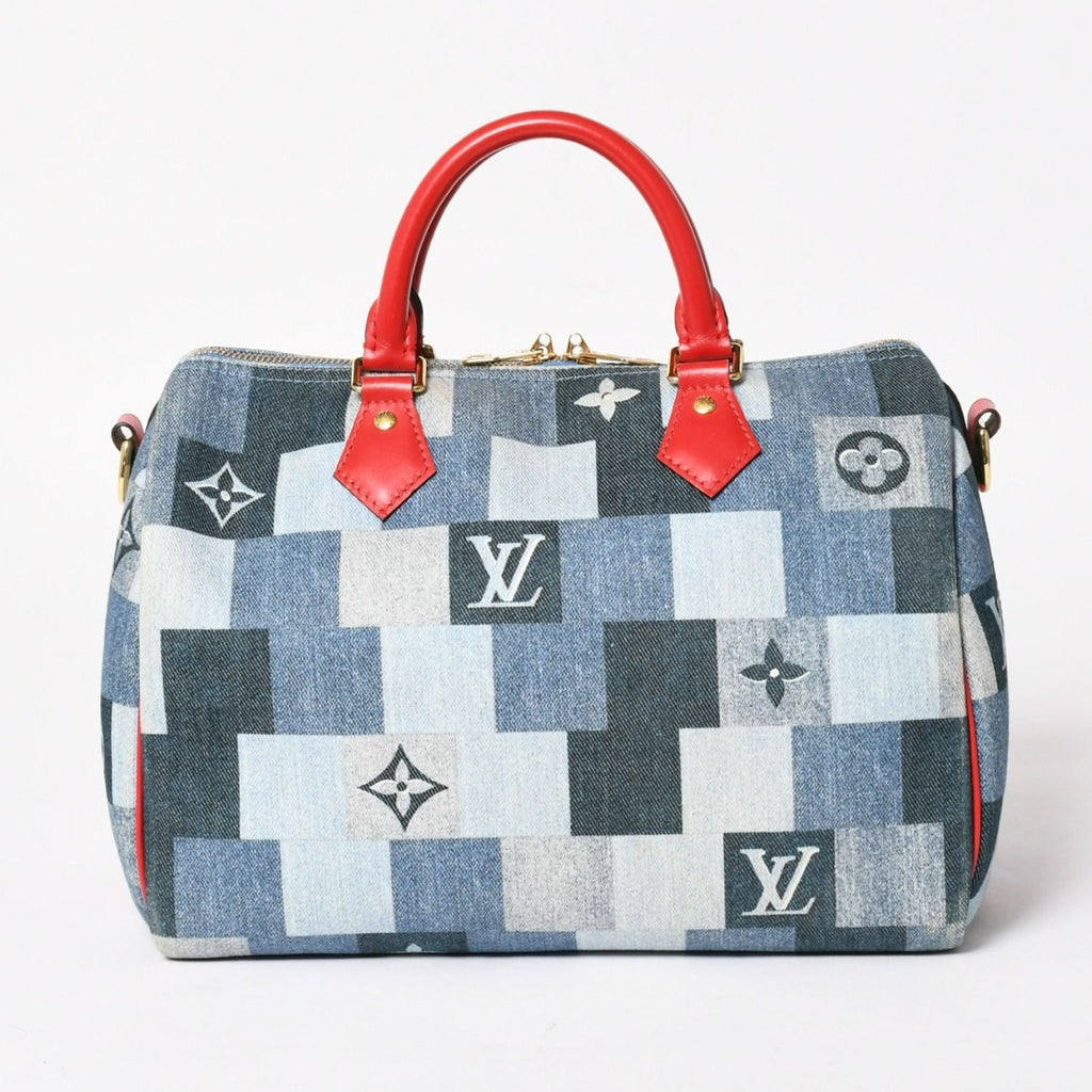Louis Vuitton Speedy 30 Monogram Denim Square Patchwork Blue Red Gold Handbag