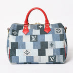 Louis Vuitton Speedy 30 Monogram Denim Square Patchwork Blue Red Gold Handbag