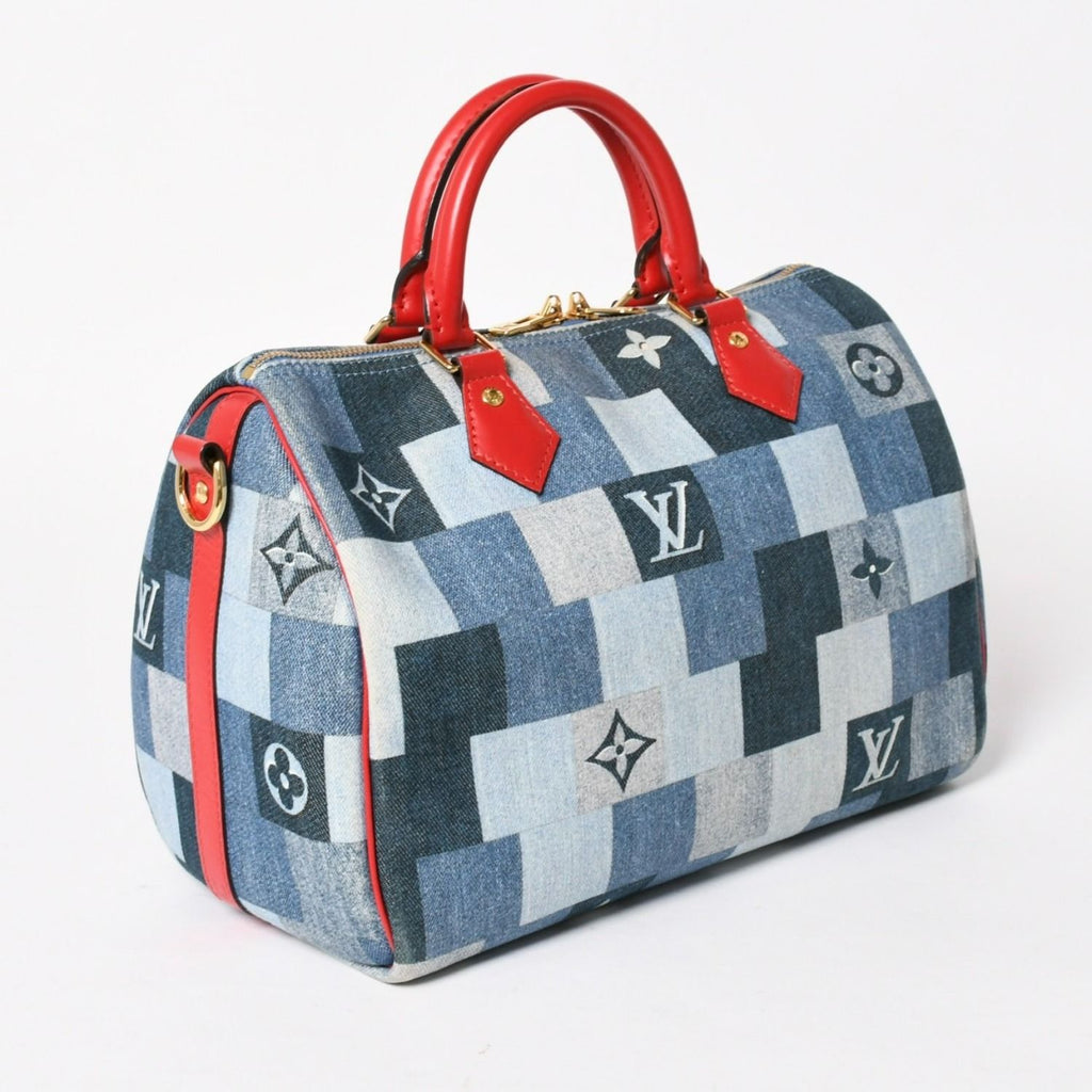 Louis Vuitton Speedy 30 Monogram Denim Square Patchwork Blue Red Gold Handbag — view 3