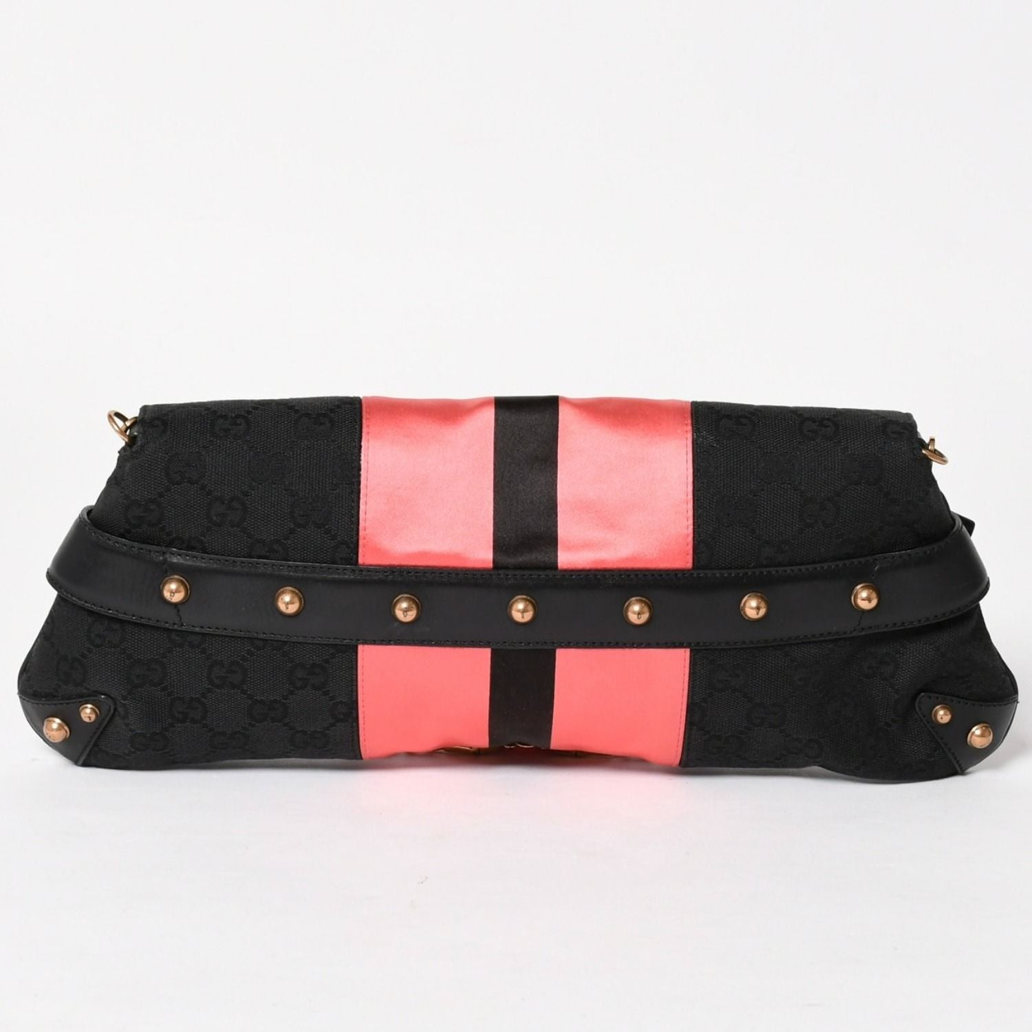 Gucci Horsebit Chain Clutch Shoulder Bag GG Canvas Silk Bamboo Black Pink Gold — view 3