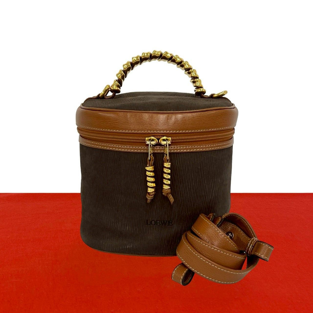 Loewe Velazquez Vintage Twist Handle Leather 2-Way Shoulder Bag Vanity Brown