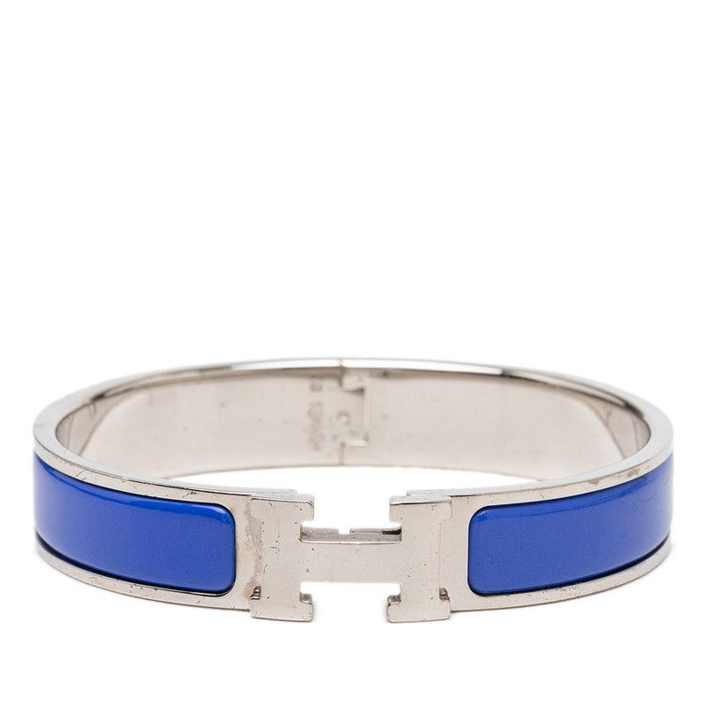 Hermes Click GM Enamel Bracelet Bangle Silver Blue Metal