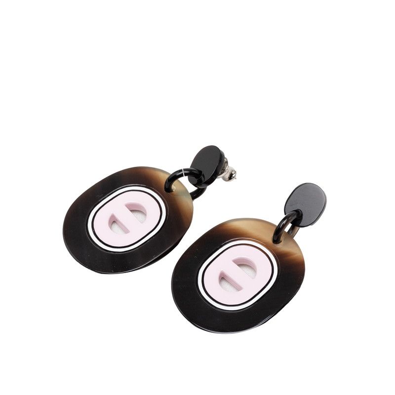 Hermes Fidelio Village PM Stud Swing Earrings Brown Pink Buffalo Horn Metal