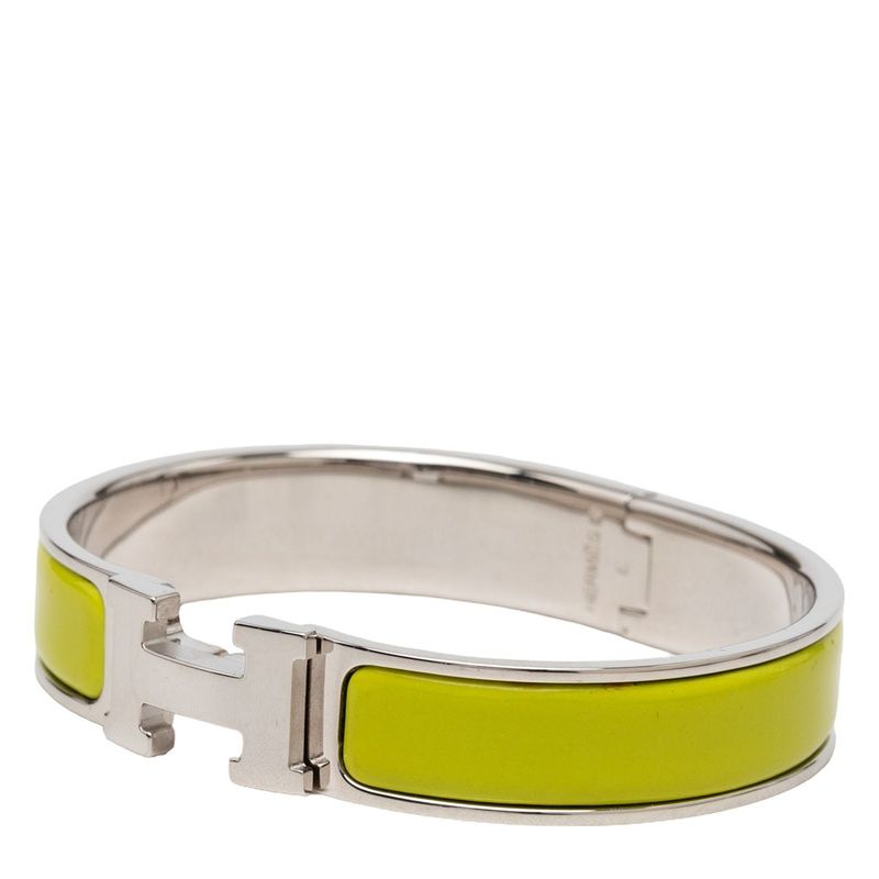 Hermes Click PM Enamel Bracelet Bangle Silver Yellow Green Metal — view 2