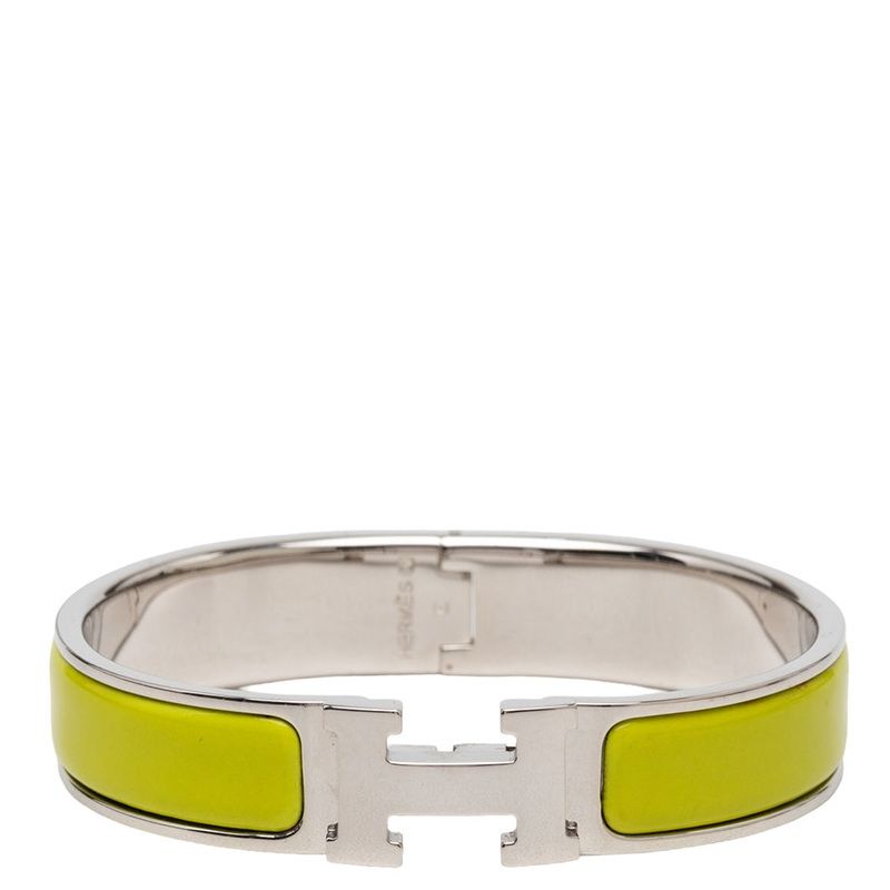 Hermes Click PM Enamel Bracelet Bangle Silver Yellow Green Metal