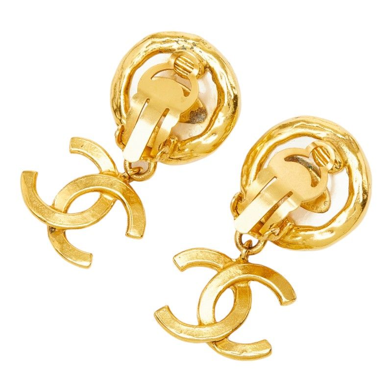 Chanel CC Logo Vintage Swing Earrings 95 Gold Plated Faux Pearl — view 3