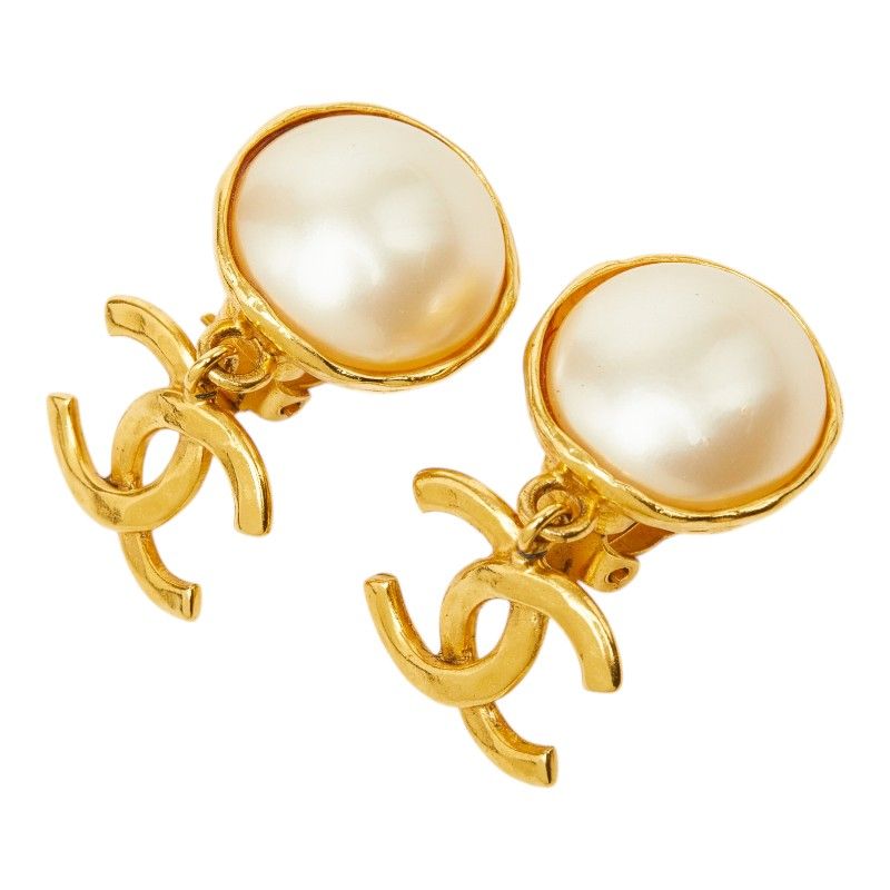Chanel CC Logo Vintage Swing Earrings 95 Gold Plated Faux Pearl — view 2