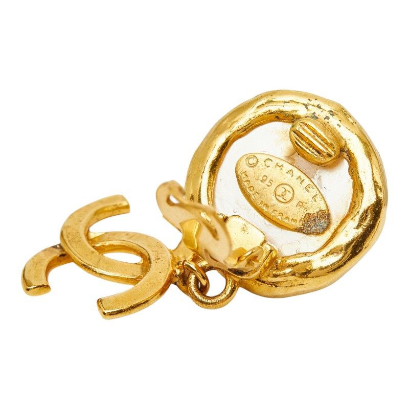 Chanel CC Logo Vintage Swing Earrings 95 Gold Plated Faux Pearl — view 4