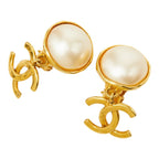 Chanel CC Logo Vintage Swing Earrings 95 Gold Plated Faux Pearl