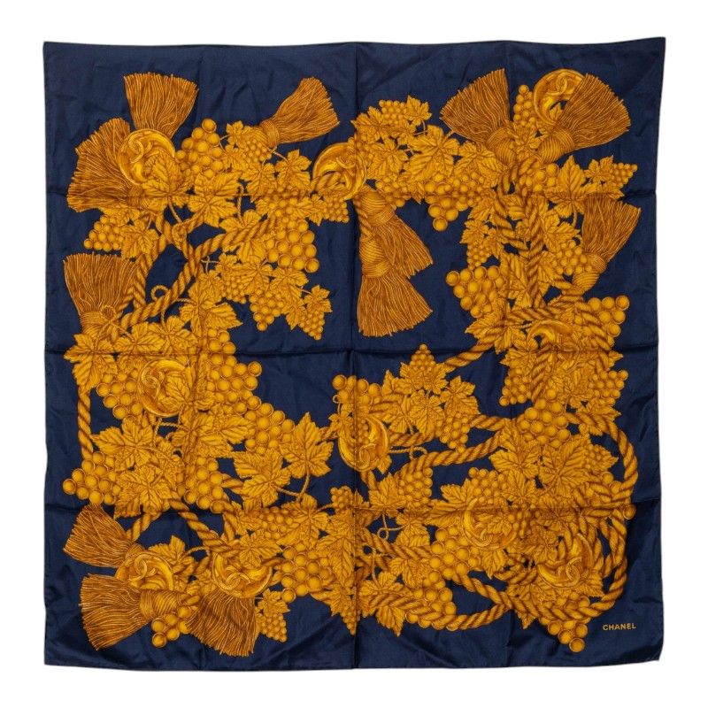 Chanel Grape Scarf Navy Yellow Silk